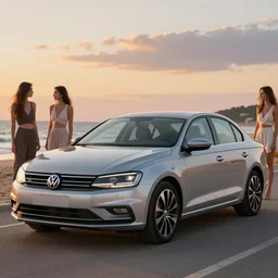 vw Jetta mk6 silver, vaporwave, parked on beach, beautiful women nearby, real life