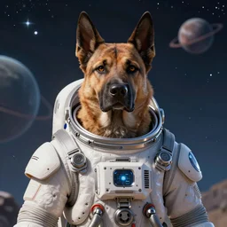 centered detailed portrait of a majestic heroic dog, dressed in a spacesuit, sci - fi, futuristic, details, intricate, octane render, redshift, smooth, illustration, fairy lighting, stars and planets in the background, hyperrealistic, by dmitry prozorov, loish, and wlop, trending on artstation, hyperdetailed, hyperrealism