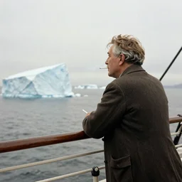 an old man on the ship titanic, smoking cigarette, watching an approaching iceberg, old historic photograph