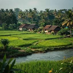 a cinematic landscape of a kerala village, paddy fields and river flowing, 1mm lens, cinematic, volumetric lighting