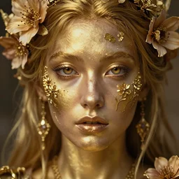 a stunning ultra detailed fantasy fine art portrait photo of mage goddess with glossy gold skin, by tom bagshaw and natalie shau, 3 5 mm lens, golden ratio composition, deep depth of field, perfect eyes and face, flowery implants, flowerpunk, soft lighting, artstation, 8 k
