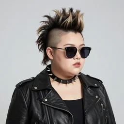 a chubby young goth girl an asymmetrical ombre mohawk wearing a leather jacket, spiked collar sunglasses, and a black tshirt. high key, anaglyph lighting, blender art, illustrations, pixiv, chris moore, by ribosoma _ 4 2, guweiz
