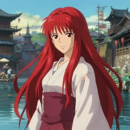 a full body portrait of a japanese - arabian princess with long red, sun lighting, water, finely detailed features, perfect art, at an ancient city, gapmoe yandere grimdark, trending on pixiv fanbox, painted by greg rutkowski makoto shinkai takashi takeuchi studio ghibli, akihiko yoshida