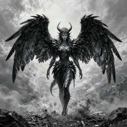 gorgeous lilith the mother of all monsters, black feather wings, raining ash, fine art masterpiece, highly detailed dino valls wayne barlowe machiej kuciara, dramatic lighting, long shot, wide angle, uhd 8 k, sharp focus