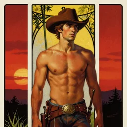 a beautiful tarot! painting of a handsome shirtless cowboy in front of a deep red sunset, homoerotic, twilight, evening, golden hour, art deco! art nouveau, silhouette, by Walter Crane, trending on arstation