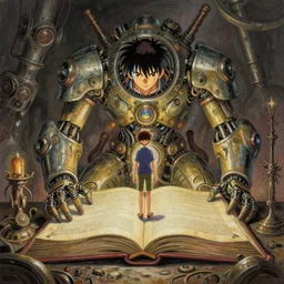 semi realistic gouache painting, by yoshitaka amano, by ruan jia, by conrad roset, by denning guy online artists, detailed anime 3 d render of a monstrous giant magic book, a strange magical book, cgsociety, artstation, rococo mechanical, digital reality, sf 5 ink style, dieselpunk atmosphere