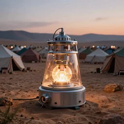 a glowing nuclear microreactor inside a sci-fi container in the midground, background of a prawling Yemen refugee tent camp, afrofuturism, peaceful, serene