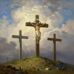 painting of three crosses on calvary hill, miraculous cloudy backdrop, by Thomas Kinkade, wallpaper, hd