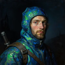 a close - up renaissance portrait of a fisherman wearing iridescent gear. deep blue and green tones. night time. gloomy dark black background. highly detailed fantasy science fiction portrait painting by norman rockwell, moebius, eyvind earle, frank frazetta, and syd mead. rich colors, high contrast. artstation