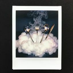polaroid of silverware that is made from cotton candy, smoke, and clouds, mix, DADA collage, texture, lomography, fashion neon light