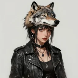 portrait of a punk girl wearing a leather jacket with a wolf's head on her head, painted by waterhouse, bagshaw, digital painting, artstation