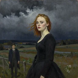 Elle Fanning at night, stormy weather, extremely detailed masterpiece, oil on canvas, Roger Deakin’s cinematography, by Norman Rockwell and Peter Reubens,