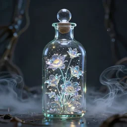 glass bottle, immortal flowers sparkling, unreal engine, global illumination, smoke, detailed and intricate environment, mysterious, in the style of aetherpunk