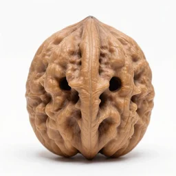 austere walnut with two austere eyes and mouth, white background