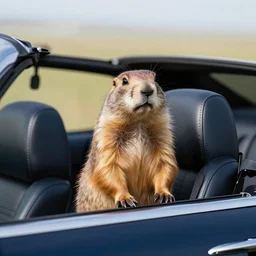 a prairie dog president on the back seat of a convertible presidential vehicle