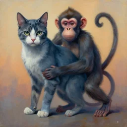 painting of hybrid cat!!! and ( ( ( ( monkey ) ) ) ) fused together, intercrossed animal, by zdzislaw beksinski, by lewis jones, by mattias adolfsson, cold hue's, warm tone gradient background, concept art, digital painting