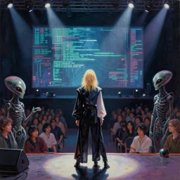 waifish androgynous person with mid length blond hair on stage in front of an audience alien instruments zeiss lens algorithm code masterpiece stage lighting painting by tokio aoyama high contrast 8 k realistic paint texture