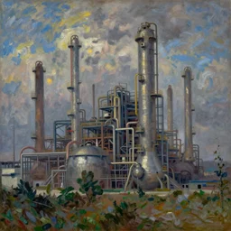 gothic chemical plant, painting by Monet