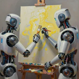 two robots fighting with brushes on their hands to paint a canvas to create the most beautiful painting ever, oil painting, digital art, trending on artstation, highly detailed, 8k, luminous, biomechanical