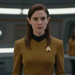 4K video of young attractive high-fantasy elf (played by Jenna Haze) in a Starfleet uniform in Star Trek, scene where she is on Deep Space Nine, photorealistic, soft light, cinematic lighting, sharp, camera