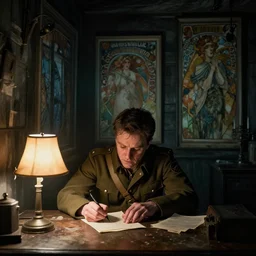 real life full portrait by beksinski, artgerm, rutkowski and alphonse mucha ; matt damon as an american sergeant delirious while writing letter under table lamp, all alone at night, in haunted cabin, year 1 9 4 2 world war 2, scary, horror, unreal engine render, 8 k resolution, cinematic dramatic lighting, extremely detailed, sharp focus