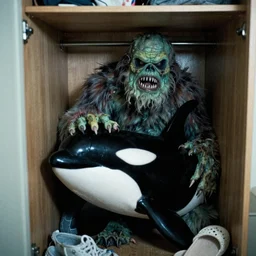 grainy photo of an orca as a creepy monster in a closet, harsh flash