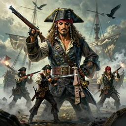 pirate duel!, ships, muskets, sabers, gunpowder smoke, shooting, blood, fog, birds, noon, portrait 4 / 3, dramatic, digital art, fantasy, octane render, unreal engine, high detail, artstation, very realistic, greg rutkowski, james gurney, gene wolfe, gustave dore, jesper ejsing, rhads, makoto shinkai, ilya kuvshinov