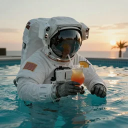 a movie scene of an astronaut sipping a colored cocktail, in a swimming pool during sunset