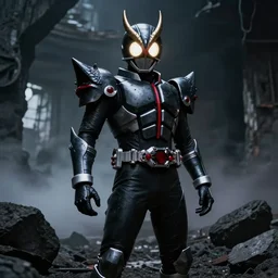 character portrait of a high fantasy kamen rider gunslinger standing in an abandoned coal mine, glowing eyes in helmet, glowing eyes, demonic dragon inspired armor, dark colors, tense atmosphere, misty room, dramatic lighting, good value control, matte painting, minimal artifacts, sharp focus, 8 k, rubber suit, pvc armor, dramatic lighting, frank frazetta
