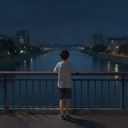 a lonely boy in a city bridge looking to the river at night, digital painting, masterpiece, digital art, hyperrealistic, concept art, octane render, unreal engine 5, trending on deviantart, sad atmosphere, centered, anatomically correct, oil painting, high contrast, serene scenery, loneliness