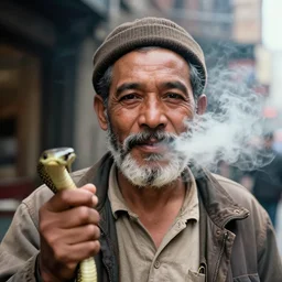 closeup portrait of a snake oil salesman in a smoky new york back street, photograph, magazine, press, photo