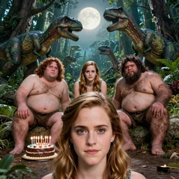 photo, three hairy fat cave people, emma!! watson!!, looking at camera, surrounded by dinosaurs!, gigantic forest trees, sitting on rocks, bright moon, birthday cake on the ground, front close - up view of her face, selfie