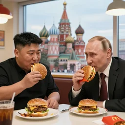 kim jong un and putin eating mcdonalds hamburgers in a chique restaurant in moscow, window in the background, modern, surreal art, high detail