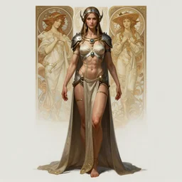 portrait of a full body of beautiful female high priestess cyberpunk, d & d, fantasy, arcane, flat lighting, intricate, muscular, highly detailed, digital painting, artstation, concept art, smooth, sharp focus, illustration, art by simon bisley and greg rutkowski and alphonse mucha, natural tpose