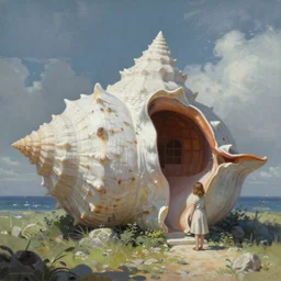 sci fi painting of a giant seashell house, a young girl stands outside, by john harris and moebius, atmospheric, concept art