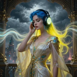 medium portrait, blue and yellow haired elegant model, female, wearing headphones, by greg rutkowski, in a cabin, storm clouds, fantasy city, glowing headphones, surreal light flowing in the air, ornate design, annie liebovitz, sound waves, powerful zen composition, alphonse mucha, elegant cloth c