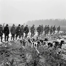 movie still by tarkovsky of a crowd of hunters and a crowd dogs running in a swamp with snow, cinestill 8 0 0 t 3 5 mm b & w, heavy grain, high quality, muddy, very foggy