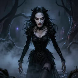 photorealistic full shot of angry darkness anime girl, inspired by Tim Burton, detailed, unreal engine 4k volumetric light, fog,