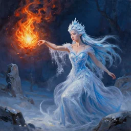 freezing sorceress throwing a fire spell, surrealistic digital oil painting by jparked, gilles beloeil, tom bagshaw, feng zhu, tom bagshaw, concept art