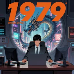 1979 Magazine Cover of a dragon behind a desk with a large circular window to neo-Tokyo streets behind him. in cyberpunk style by Vincent Di Fate