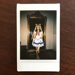 a woman taking a picture of herself in a mirror, a polaroid photo by sailor moon, reddit contest winner, rococo, feminine, full body, low contrast