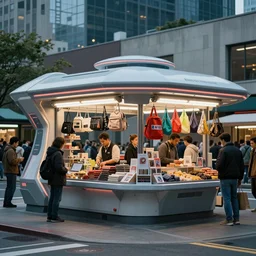a photo of a futuristic market stall at a street corner from the film'minority report'taken from a distance, dslr