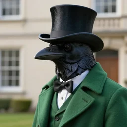 Crow wearing a green formal overcoat and top hat, hyperrealistic, concept art, octane render, unreal engine 5, trending on DeviantArt, highly detailed, high quality, 8K, soft lighting, cute, natural lighting, realistic face, trending on Artstation, elegant clothes, profile picture, path traced, house background