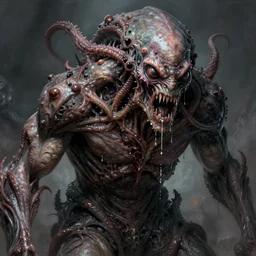 Dark fantasy Painting of a hulking muscular EXTRATERRESTRIAL flesh creature covered in boils with fish eyes with drool dripping from its mouth, hr giger muscles, tentacles growing from its face, disgusting, creepy, unsettling, horror, upper body, intricate, wild, highly detailed, digital painting, artstation, concept art, smooth, sharp focus, illustration, art by artgerm and greg rutkowski and alphonse mucha