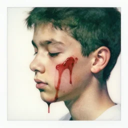 watercolor, 3 / 4 profile, a liquid dark green portrait of a teenager face eyes are blurred blurry, skin melt down flow go runny, face painted with dark red thick fluid, realistic detailed watercolor polaroid, grainy image, contrast, realistic detailed, close up view