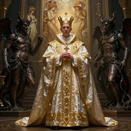 worship of the pope, royal robe, gold trim, demons, mysticism, light effect, hyper detailed, intricate, atmospheric, elegant, photorealistic by zdzisław beksinski, iris van herpen, raymond swanland, craig mullins and alphonse mucha. hyper - real