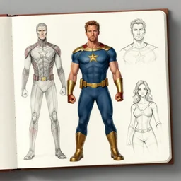 will ferrell as a new marvel superheroe. sketchbook, character style sheet, turn page, procreate, comic book drawing, bold lines, ink, bright colors, jack kirby