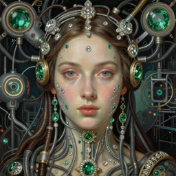 renaissance oil painting, very beautiful woman integrating with technology, full face frontal centered, portrait, insipiring, detailed intricate ornate cables connected to head, big open electric eyes, luxurious detailed abundent wiring and implants, diamonds, sci-fi, neon, emeralds, detailed technology full background, highly detailed, artstation, Rene Lalique and Eddie Mendoza and Gil Elvgren