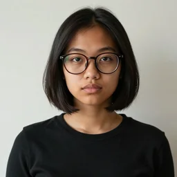 dark skinned asian girl with bobcut and glasses