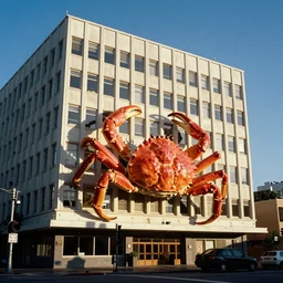 photograph of a mid century office building with a giant crab kodachrome sunshine